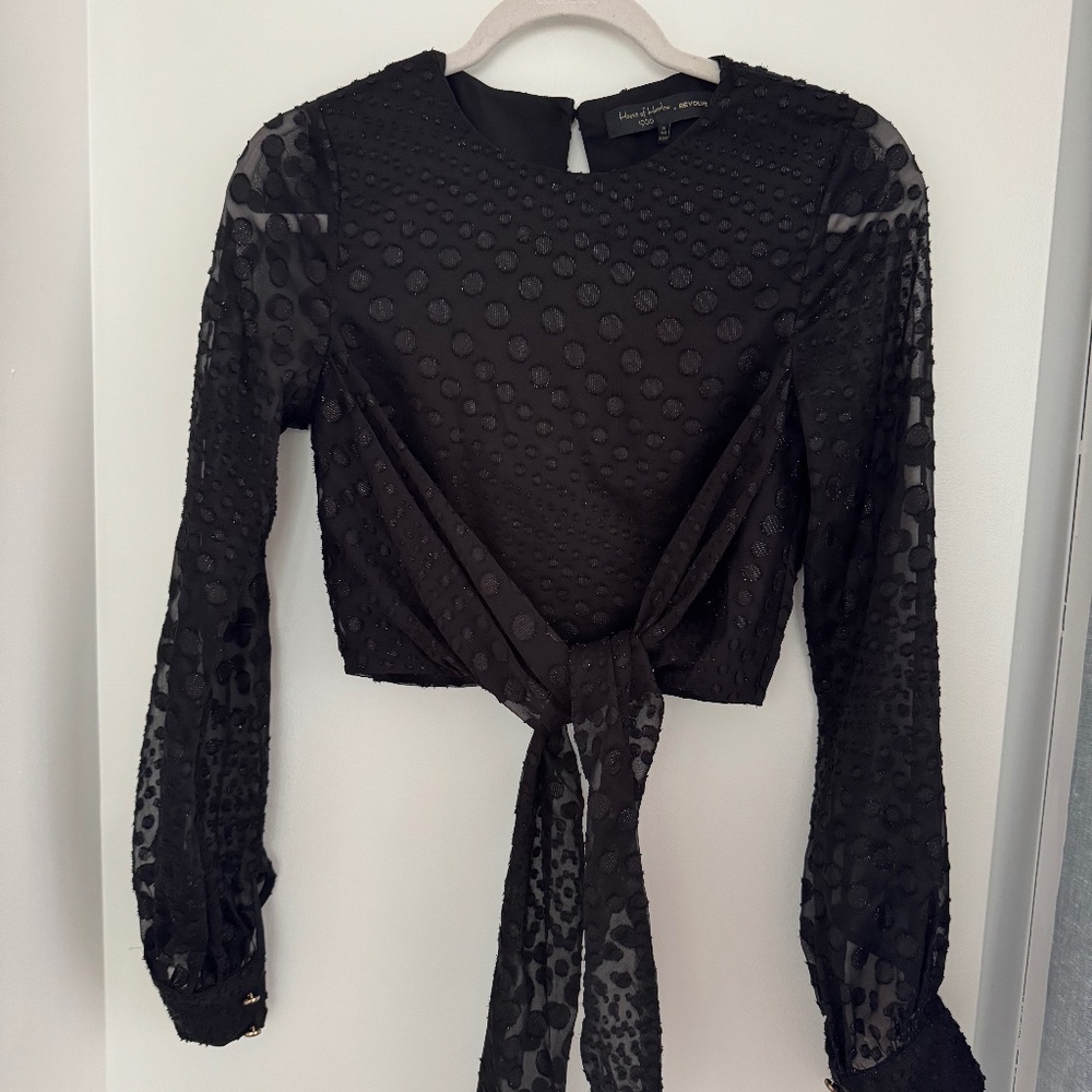 Black Long Sheer Sleeve Crop Top with Tie Front